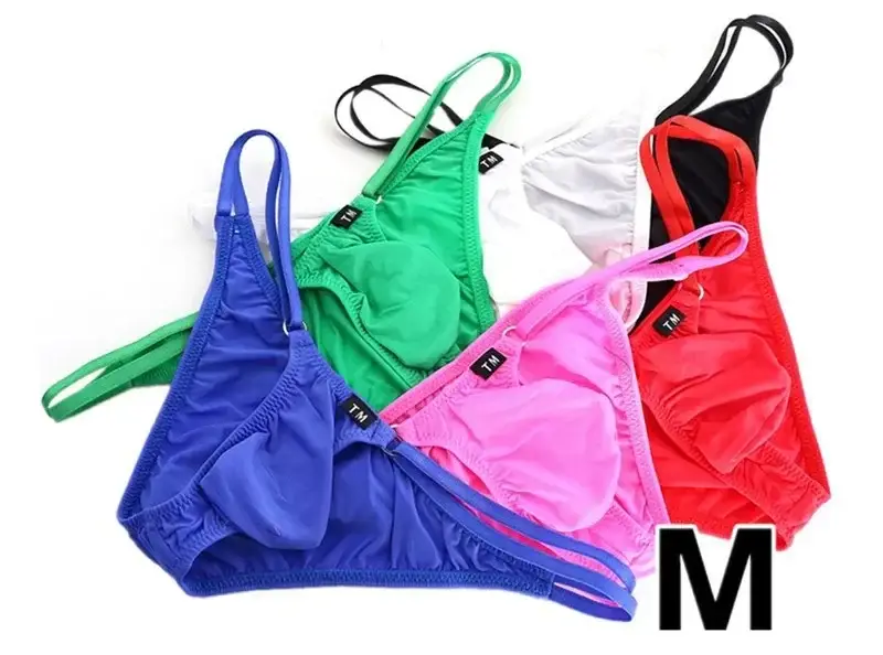 Men Adjustable Metal O-Ring Double Thin Strap Bikini Briefs Low Rise Silky Ice Silk 3D U Convex Pouch Sexy Male Underwear