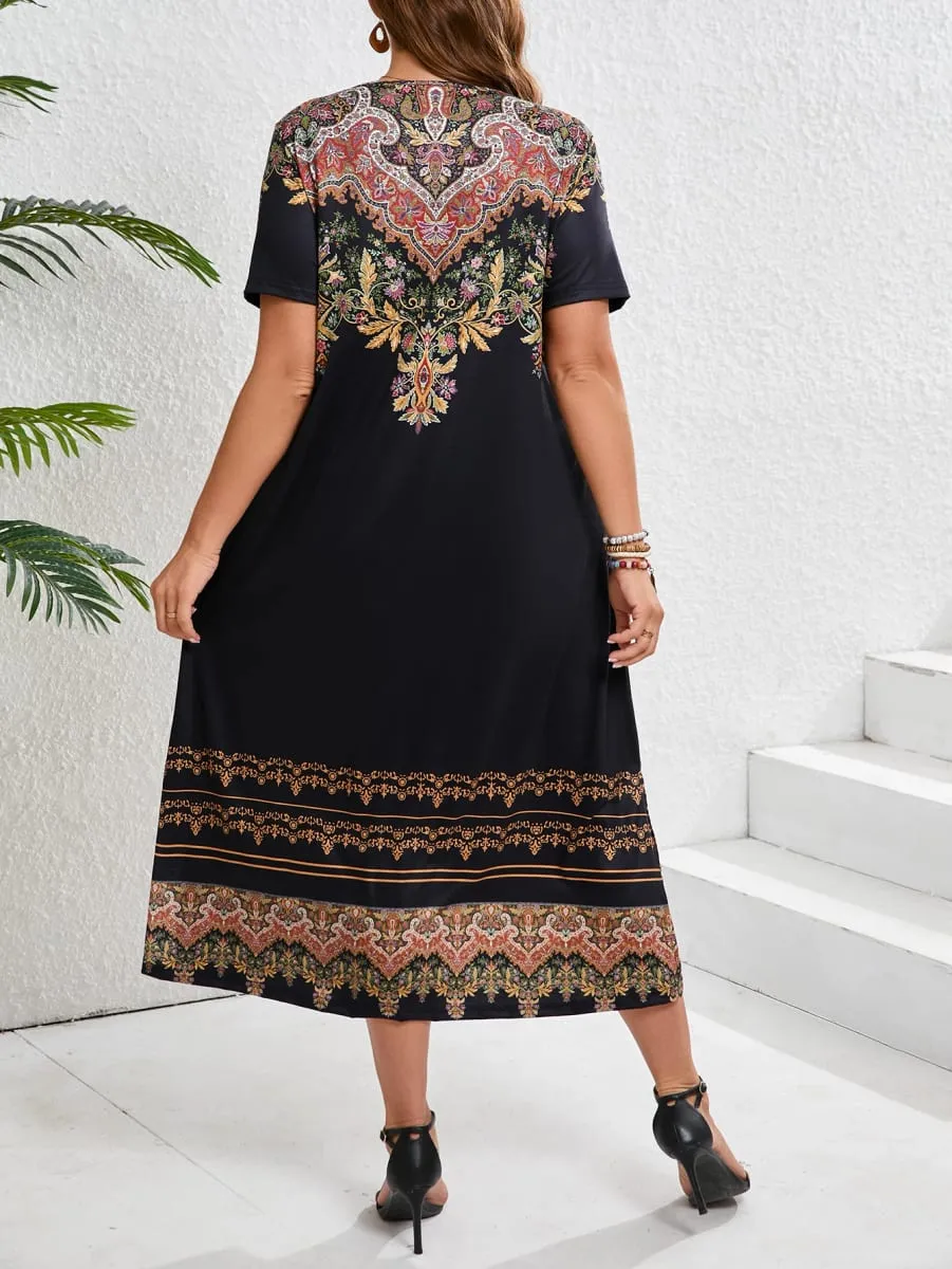 Ethnic Bohemian floral print casual vacation short-sleeved large-size dress — image 4