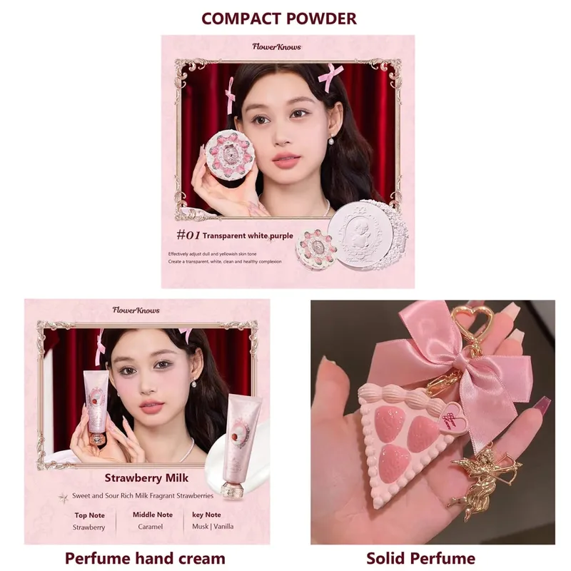 Flower Knows Sets Strawberry Cupid Full Coverage Foundation Powder Compact Powder Solid Perfume Hand Cream Gifts Set for Women