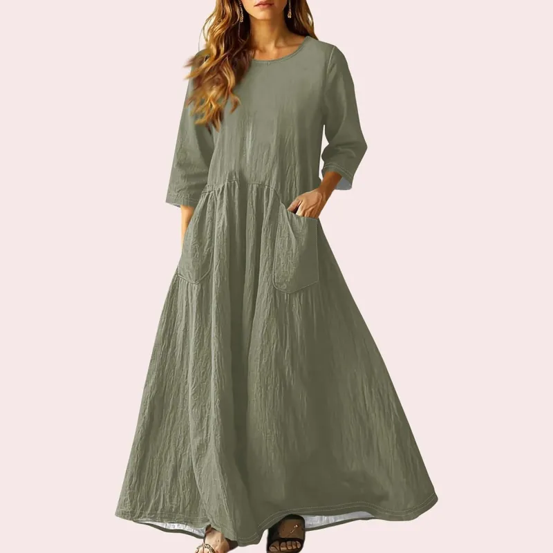Women's Summer Loose Long Dresses Solid Color Three-quarter Sleeve Double Pocket Dress Loose Round Neck Linen Dress Vestidos — image 18