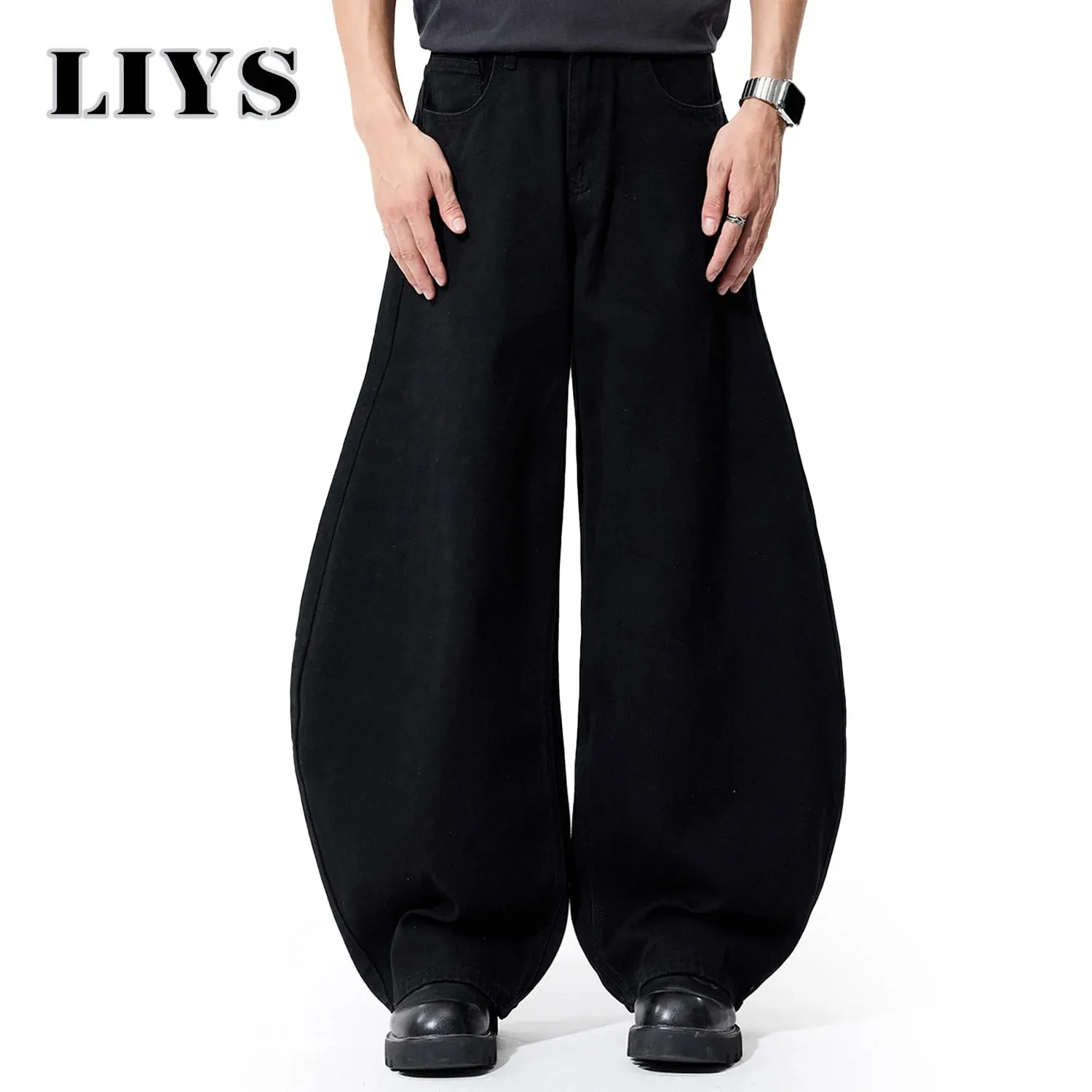Liys Men's Black Ultra Wide Leg Jeans Baggy Fitting Denim Pants Man Solid Streetwear Daily Casual Fashion Lantern Balloon Jeans — image 1