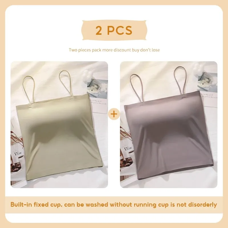 FallSweet 2PCS/set Summer Girls Ice Silk Camisoles Non-wire Bra Tanks Tops Comfort Soft Invisible Underwear Sexy Female Lingerie