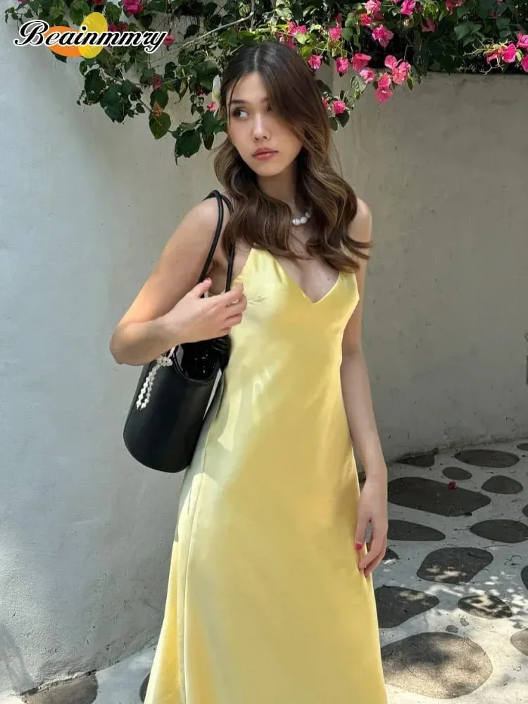 Żółta satynowa dekolt w szpic śpiewać długie sukienki moda damska Backless bez rękawów Maxi szaty moda kobiece suknie wieczorowe do klubu na imprezę — image 2