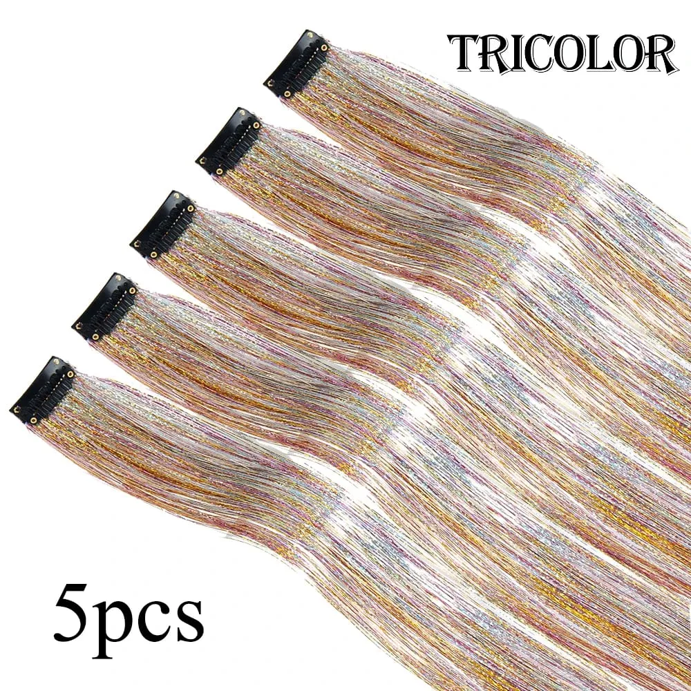 Wholesale 5Pcs/Pack Sparkling Shiny Hair Extensions Clip In Sparkle Shiny Hair Tinsel Rainbow Shiny Sparkle Hair Tinsel Pink/Red