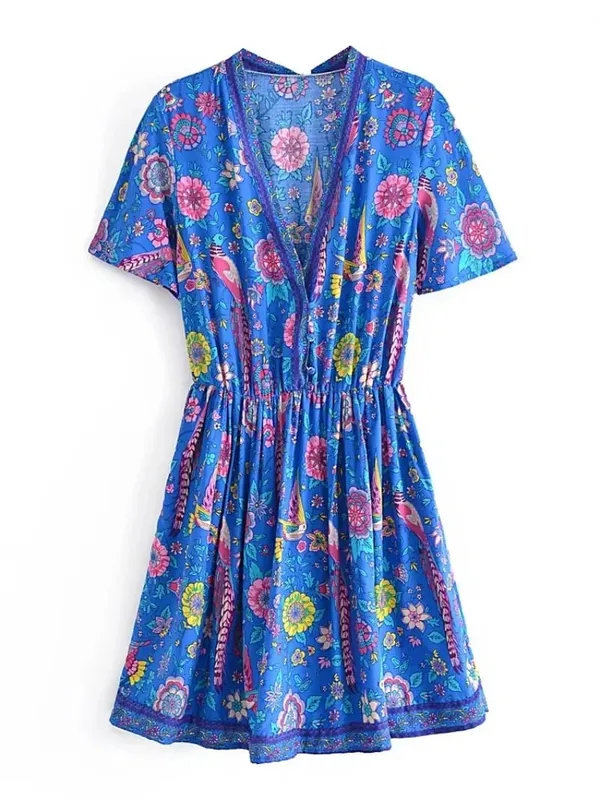 Vintage Chic Women Peacock Květinový potisk Hluboký výstřih do V Bohémské minišaty Dámské Krátký rukáv Happie Beach Boho šaty Vestidos — image 8