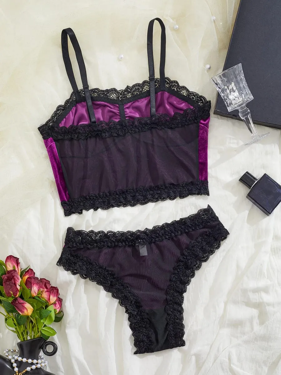 2PCS Bra with Underwear Velvet Y2K Mall Goth Crop Tops Purple Alternative Aesthetic Crop Tops Women Backless Sexy Strap Tanks — image 2