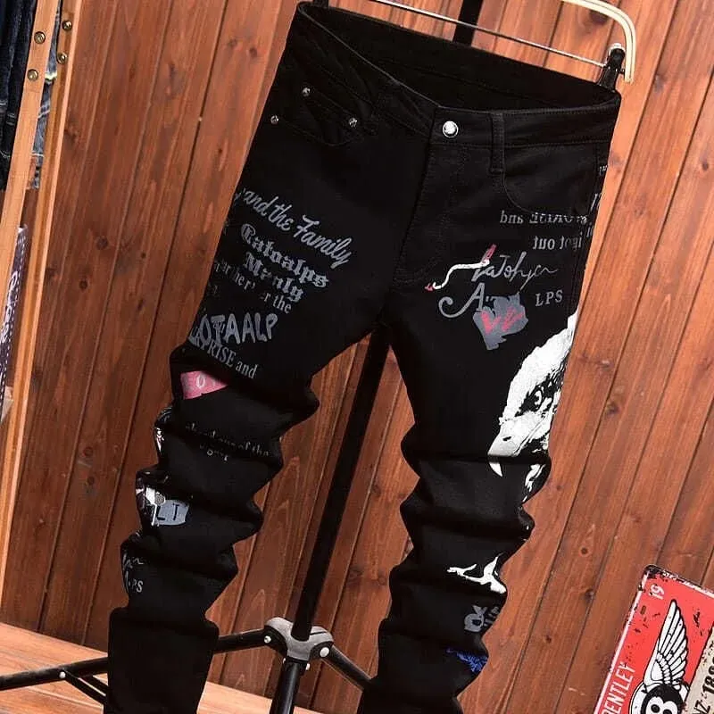 2025 Spring and Autumn New Fashion Trend Printed Black Straight Leg Jeans Men's Casual Comfort Breathable High Quality Pants — image 4