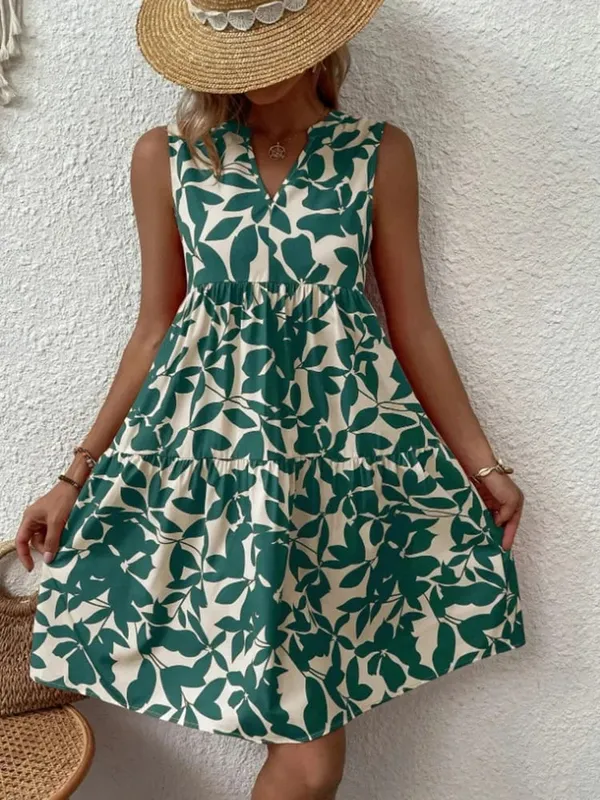 Damen Boho-Druck-Minikleid, Sommer, elegant, ärmellos, V-Ausschnitt, Rüschen, A-Linie, Tank-Kleid, lässig, locker, übergroß, Strand, Party, Sommerkleid