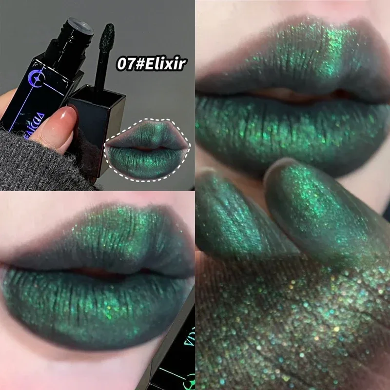 Shimmer Matte Black Red Lipstick Punk Gothic Lipgloss Halloween Makeup Mousse Lip Mud Lipstick Waterproof Non-stick Cup Lip Tint