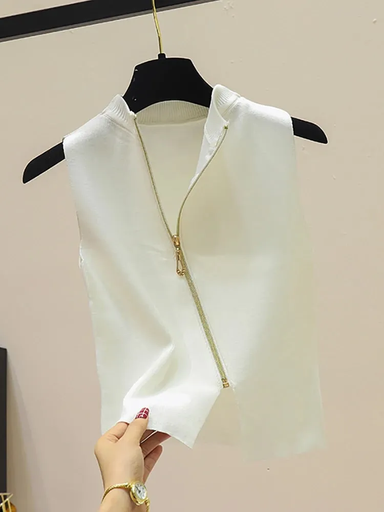 2026 Summer Spring zipper Knit Tank Top Cami Korean Camisole Elastic Vest O Neck Solid Color New Slim Breathable Tops White — image 5