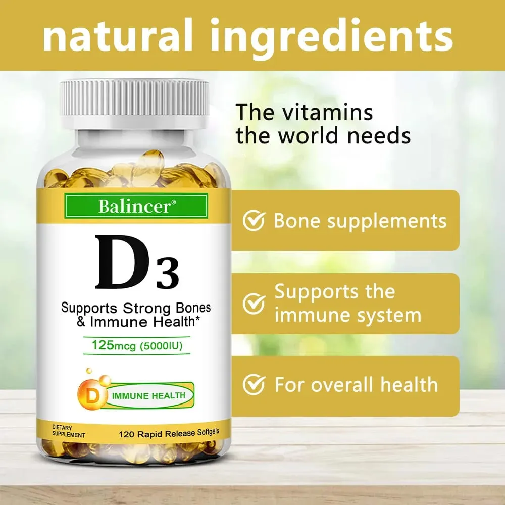 Balincer Vitamin D3 5000 IU (125 Mcg) Dietary Supplement for Bone Teeth Muscle and Immune Health Support 30/60/120 Softgels — image 2