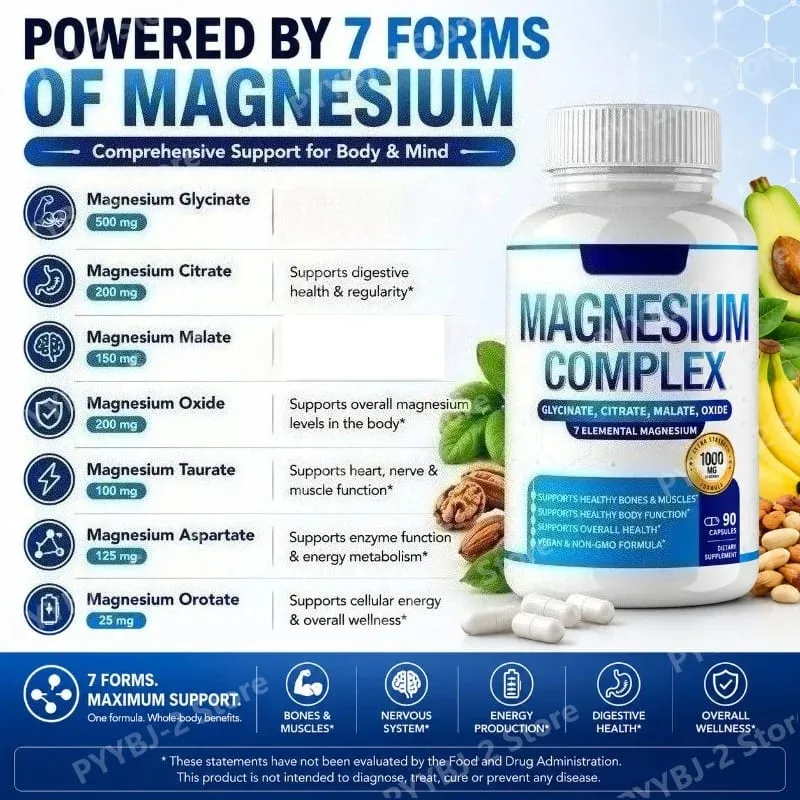 Magnezyum Kompleksi Takviyesi 7 Form Magnezyum Glisinat Sitrat Malat Orotat Taurat Günlük Mineral Desteği ile 90 Sayım — image 2