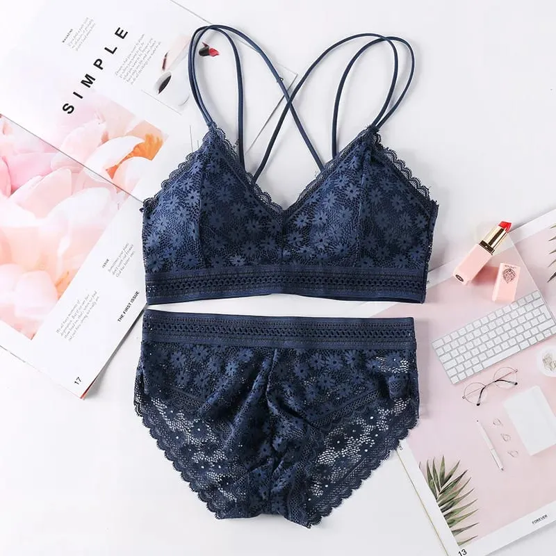 Lace Lingerie Set Cross Shoulder Strap Without Steel Ring Bra Women's Comfortable Support Underwear Fashionable Gathering Design — image 8