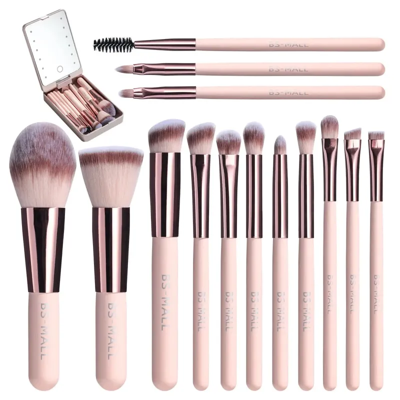 14 PCS Makeup Brush Set With Illuminated Mirror Portable Short Handle LED Light USB Rechargeable Makeup Brushes Kit