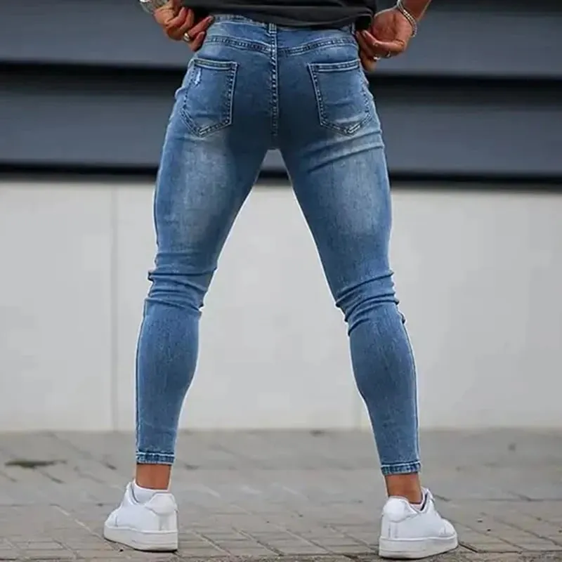 Men's Dropship Custom Label Logo High Quality Y2K Zipper Ripped Skinny Denim Jeans Pants for Men Streetwear Clothing