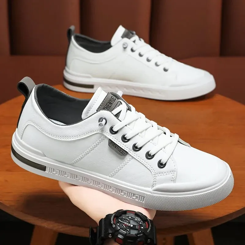 High Quality Men's Low-Top Leather Sneakers Soft Durable White Casual Shoes Trendy Skate-Inspired Footwear for Streetwear Daily