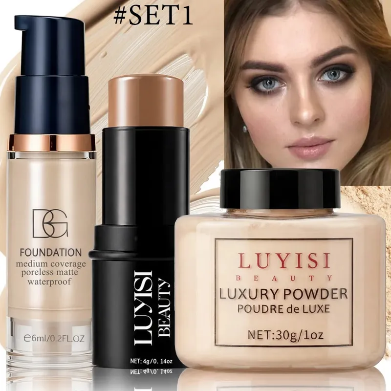 Facial Makeup Set:1PC Foundation+1PC Contouring Stick+1PC Setting Powder Full Coverage Waterproof And Sweatproof Soft Cosmetics. — image 3