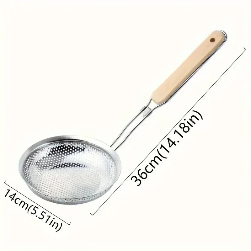 Stainless Steel Colander with Wooden Handle - Fine Mesh Skimmer Spoon for Cooking Food Prep Grease Filtering for Pasta Noodles