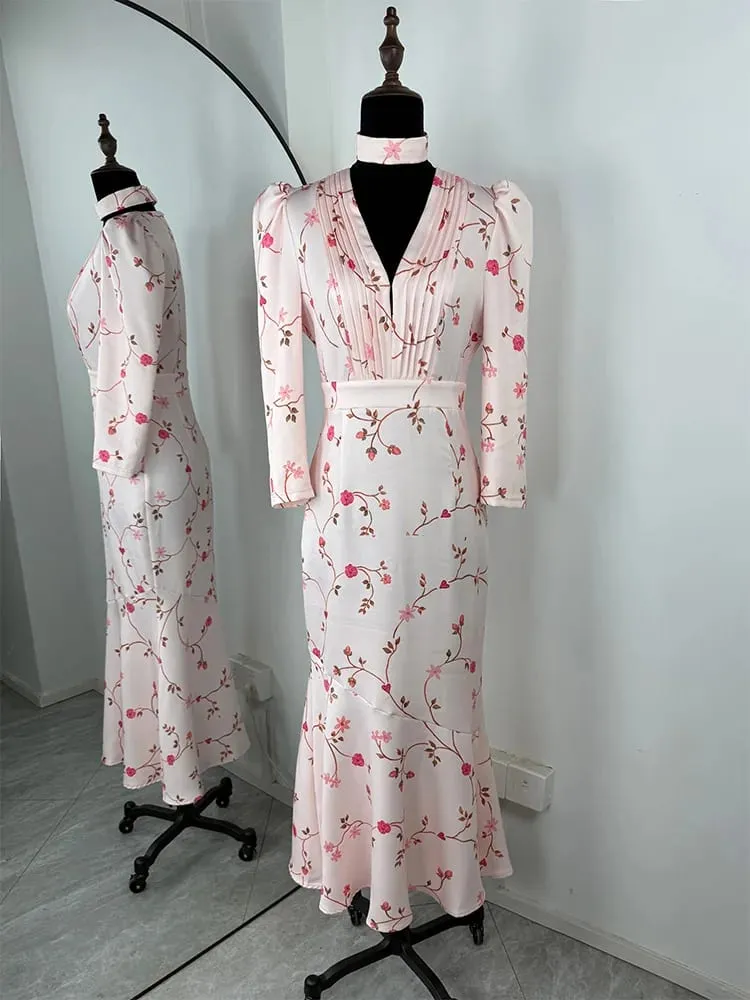 Trendix Elegant Flower Print Maxi Dress Women High Waist Patchwork Short Sleeve Dresses Sexy Deep V Neck Elegant Evening Dress — image 6