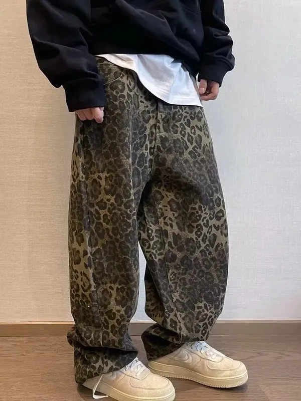 Autumn Tan Leopard Jeans Men Denim Pants Male Oversize Wide Leg Trousers Streetwear Hip Hop Vintage Loose Casual Animal Print — image 5