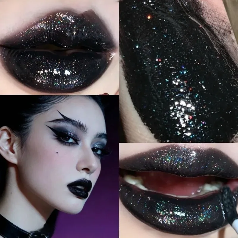 Shimmer Matte Black Red Lipstick Punk Gothic Lipgloss Halloween Makeup Mousse Lip Mud Lipstick Waterproof Non-stick Cup Lip Tint