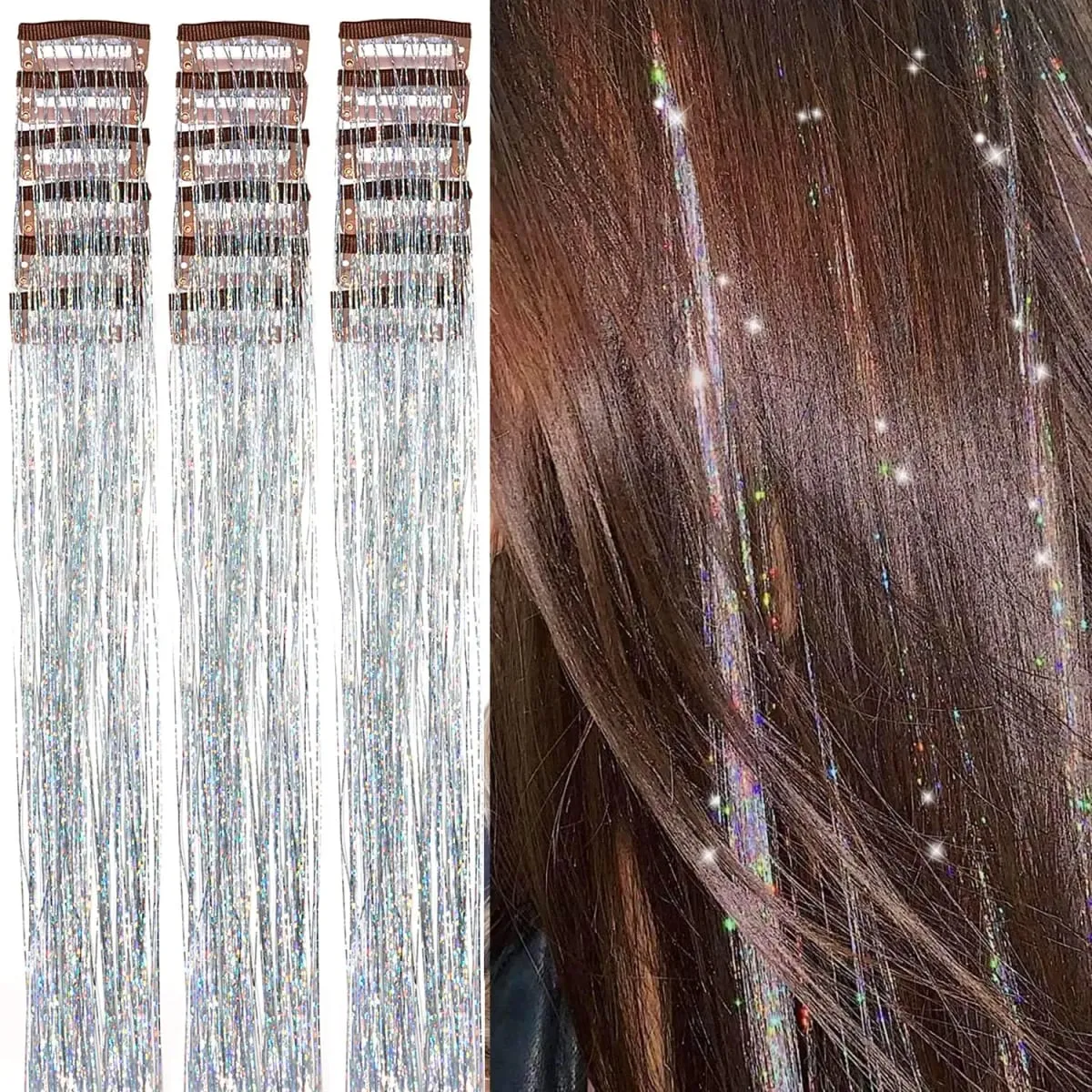 20 Inch Glitter Tinsel Hair Extensions with Clips In 6Pcs/Set Synthetic Clip in Sparkle Fairy Hair Accessories for Women Kids