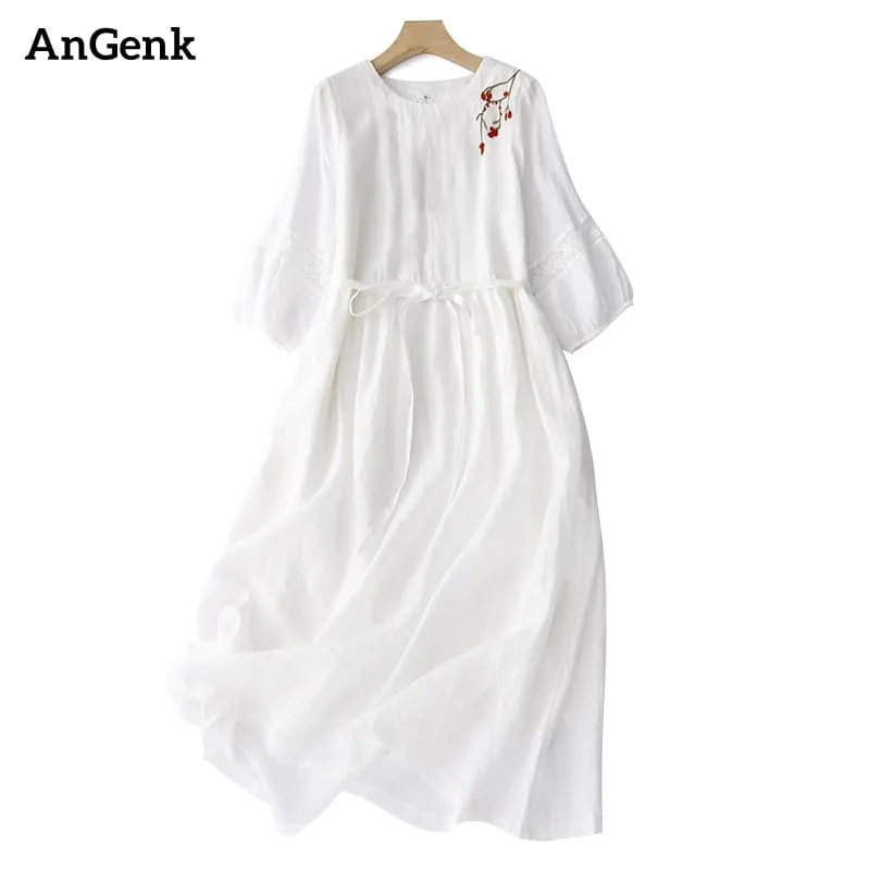 Verão vintage bordado branco vestidos longos para mulher 2026 casual respirável cor sólida vestido fino femme robe roupas elegantes