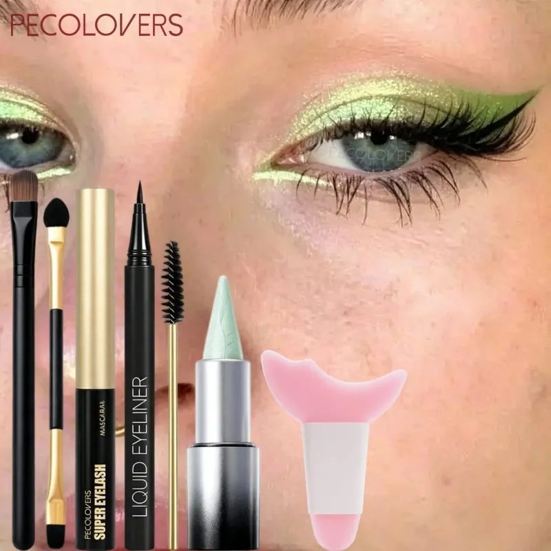 7PCS/Set Green Eyeshadow Stick + Black Eyeliner + Mascara + Brush Set - Waterproof Pearlescent Creates Stunning Eye Makeup — image 2