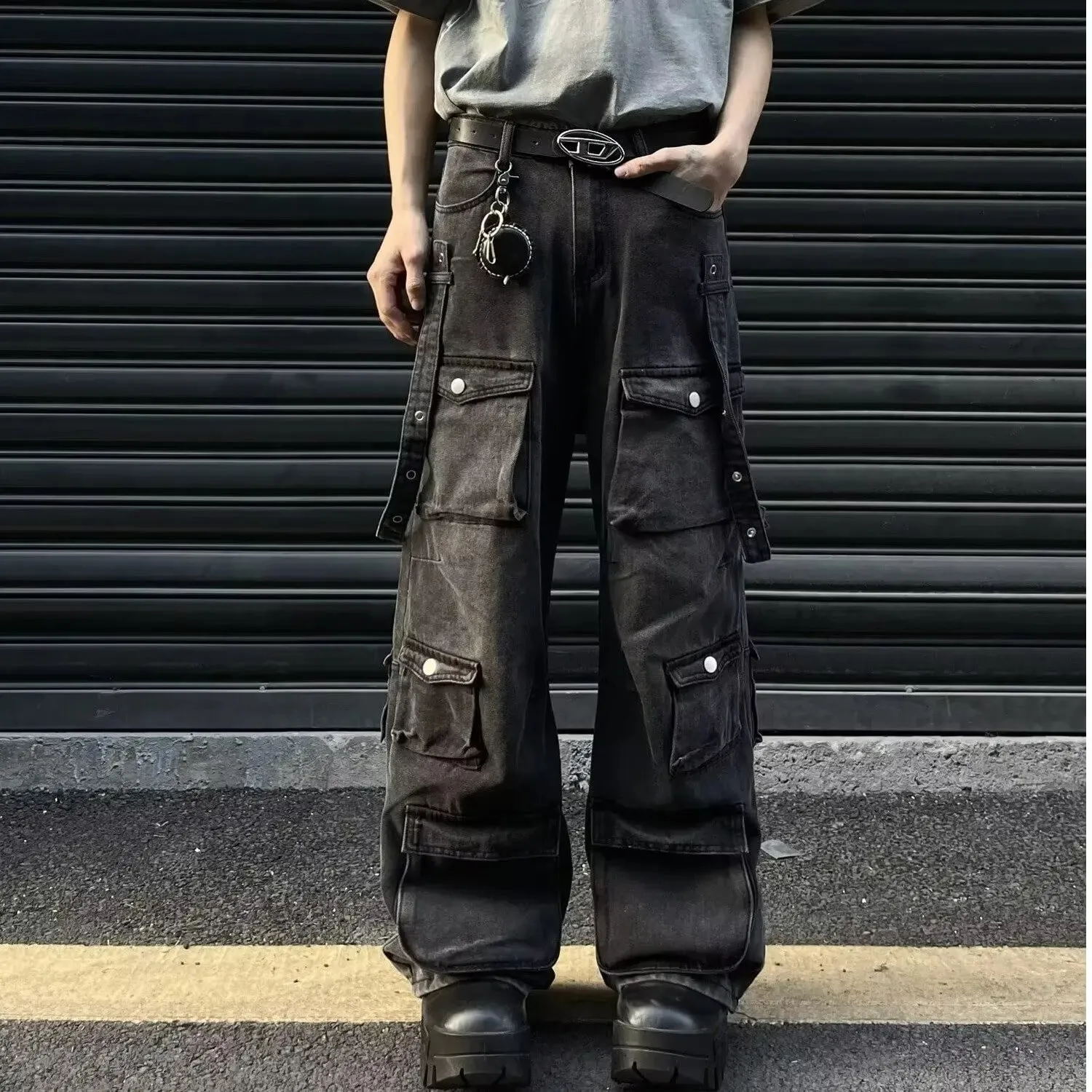 Y2K Multiple Pockets Baggy Cargo Jeans 2024 Vintage Men's and Women's Loose Straight Leg Hip Hop Pants Baggy y2k Jeans — image 3