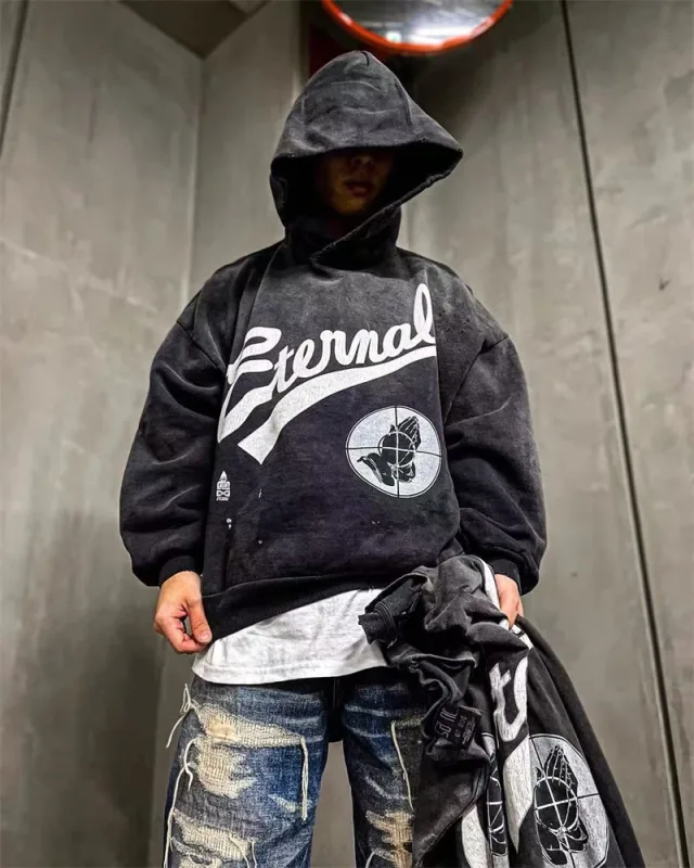 2025 Saint Star Pattern Printed Pure Cotton Washed Vintage Hoodie High Street Casual Loose Fashion Fleece Oversize Trendy Tops