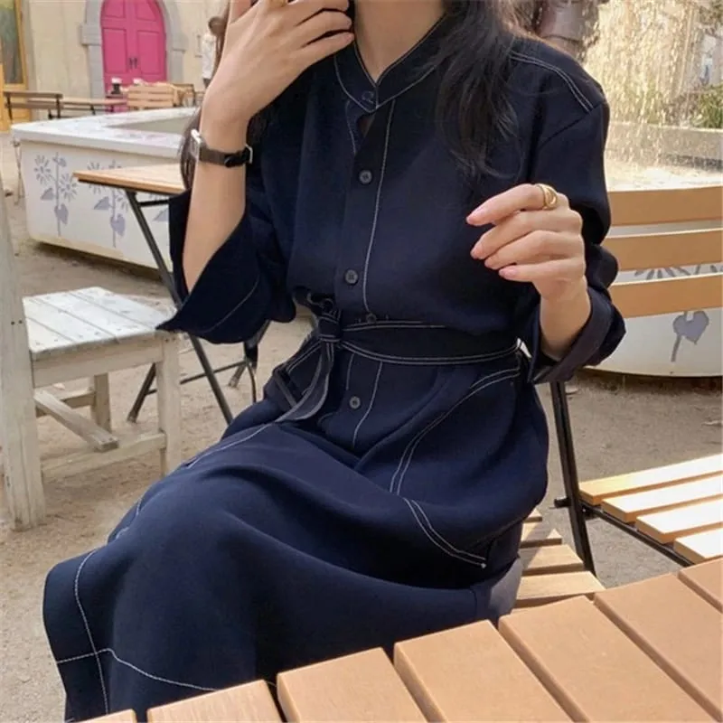 Spring Autumn Single Breasted Women's Shirt Dresses Sashes 2024 New Stand Collar Korean Casual Straight Dress Female