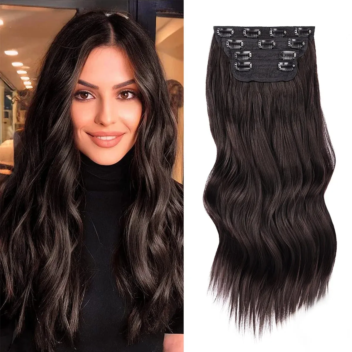 Clip in Synthetic Hair Extensions Long Wavy 4PCS Thick Hairpieces Dark Brown Fiber Double Weft Natural Hair Extensions For Women — image 2