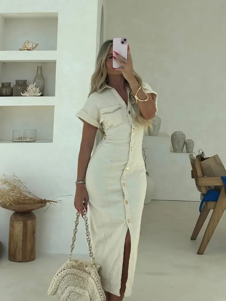 White Single Breasted Denim Dress Elegant Short Sleeve Lapel Bodycon Women's Dresses 2026 Summer Lady Chic Commute Street Robes — image 2