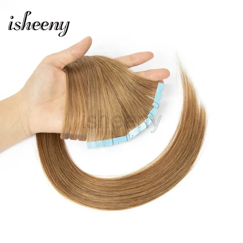 Isheeny Mini Tape In Human Hair Extensions 12"-24" Machine Remy Skin Weft Adhesive Tape Hair Natural Black Brown Blonde Tape Ons