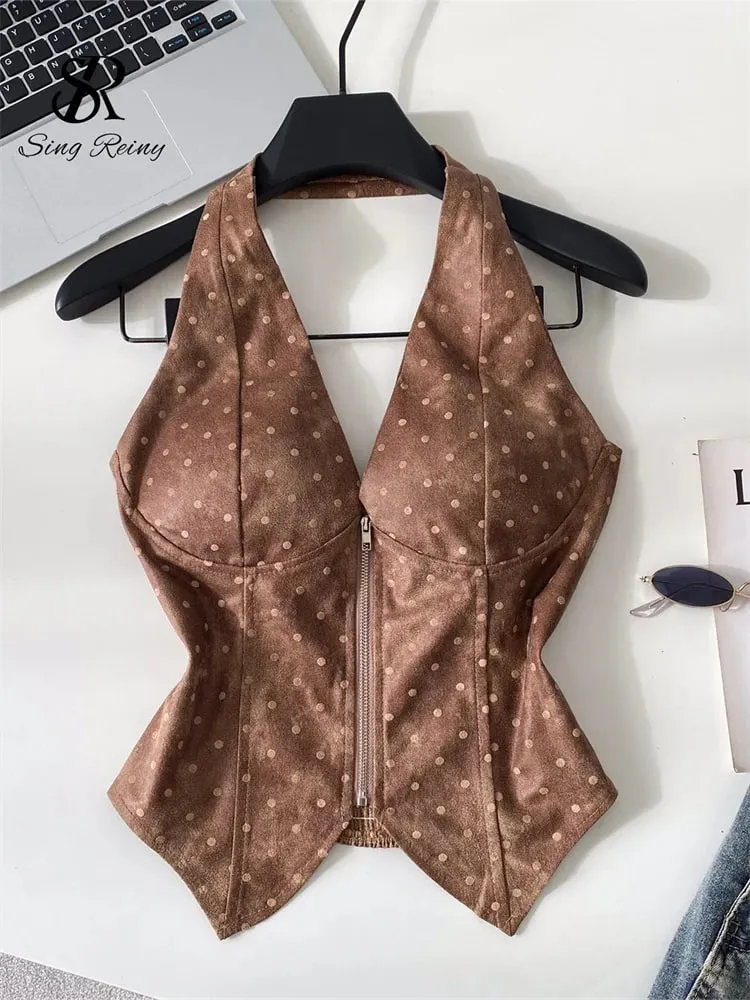 Polka Dot PU Leather Sexy Top Slim Backless Shirred Zipper Sensual Tank Top 2026 Women Trendy Halter Hotsweet Camisole