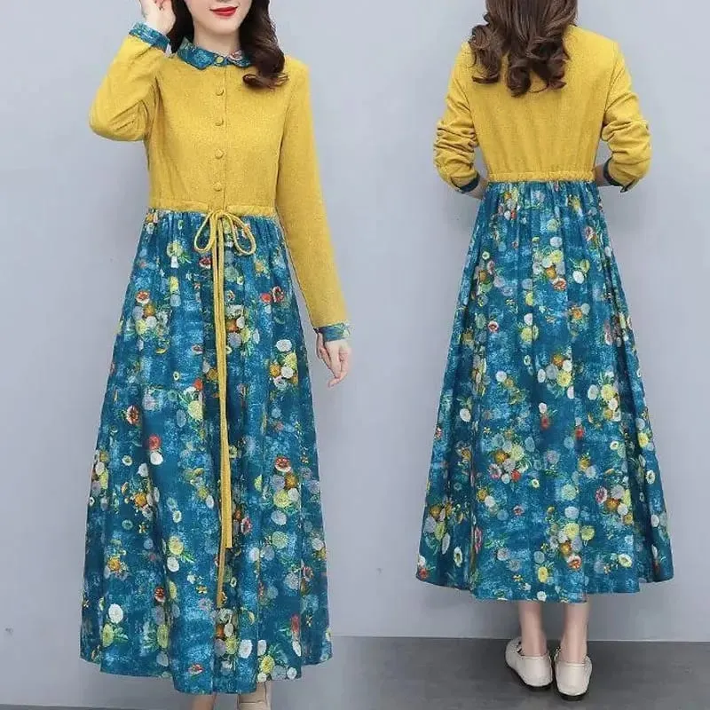 Women's Clothing Casual Printed Dresses Spring Autumn New Single-breasted Fashion Turn-down Collar Commute Drawstring Long Dress — image 6
