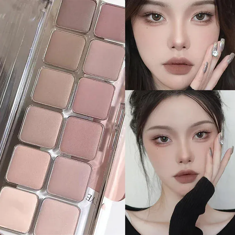 Low Saturation Eyeshadow Palette 12 Color All Matte Korean Tea Apricot Eye Makeup Palette Daily Makeup Long Lasting Eye Shadows
