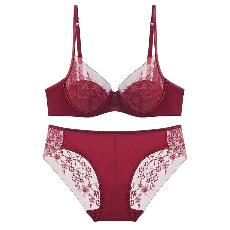 Red Lace Lingerie Set Thin Cup Minimizer Bra Panty Kit Comfort Intimates For Big Bust 32‑38 Festive Women Underwear — image 11