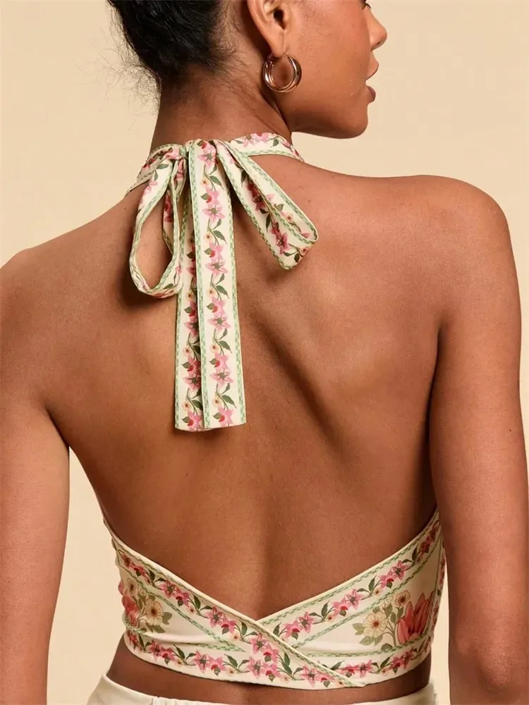 Sexy Knot Front Halter Crop Top for Women Summer Sleeveless Graphic Floral Printed V-neck Backless Tank Top Y2K Clothes — image 2