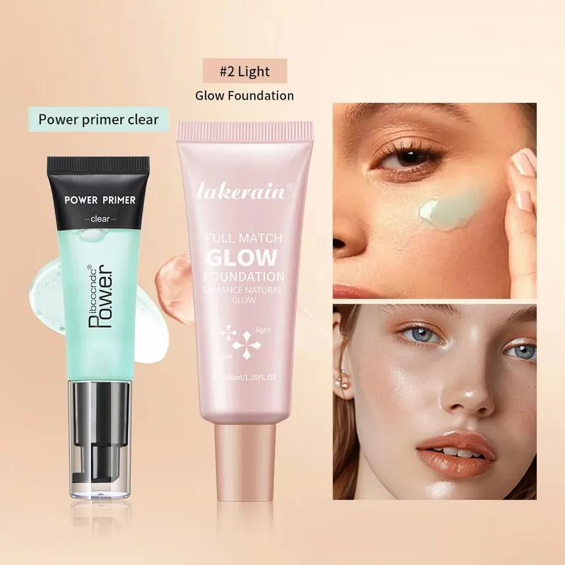 Powder Grip Primer Gel & Glow Foundation Makeup Kit Hydrating Smoothing Skin Lightweight Brighthen Shiny Fase Cosmetics Combo — image 4