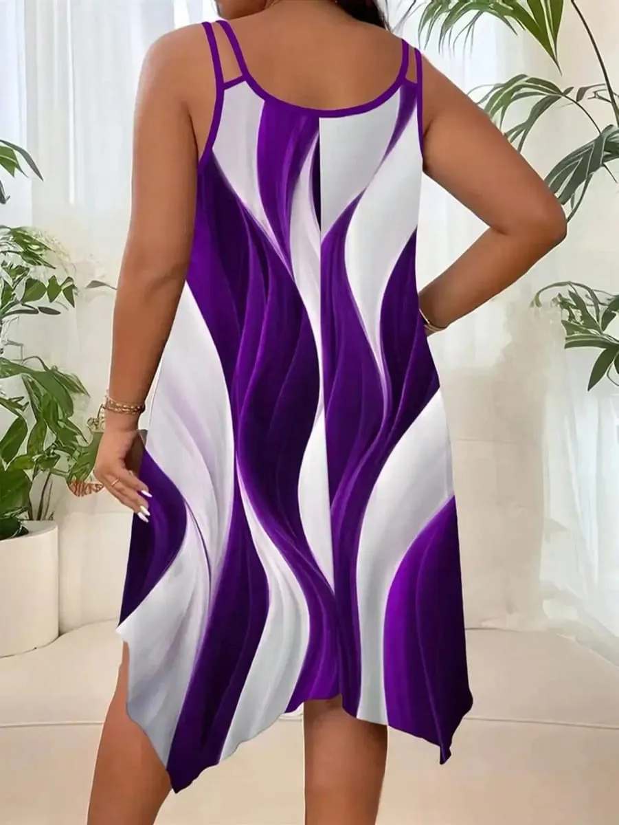 Plus-size women's fashion asymmetrical geometric stripes printed double strap dress — image 3