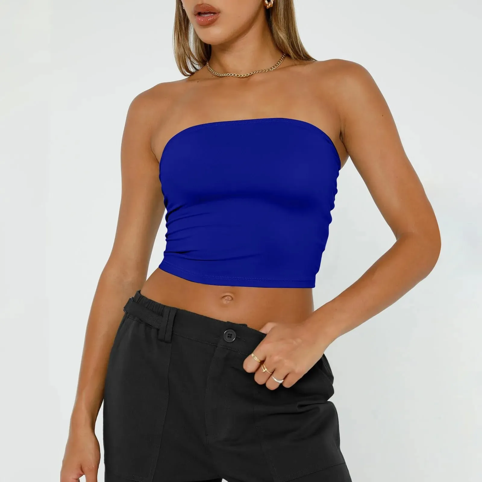 Womens Strapless Crop Tops Basic Backless Sleeveless Bandeau Cute Sexy Tops Trend Street Fashion Classic Solid Tube Tops