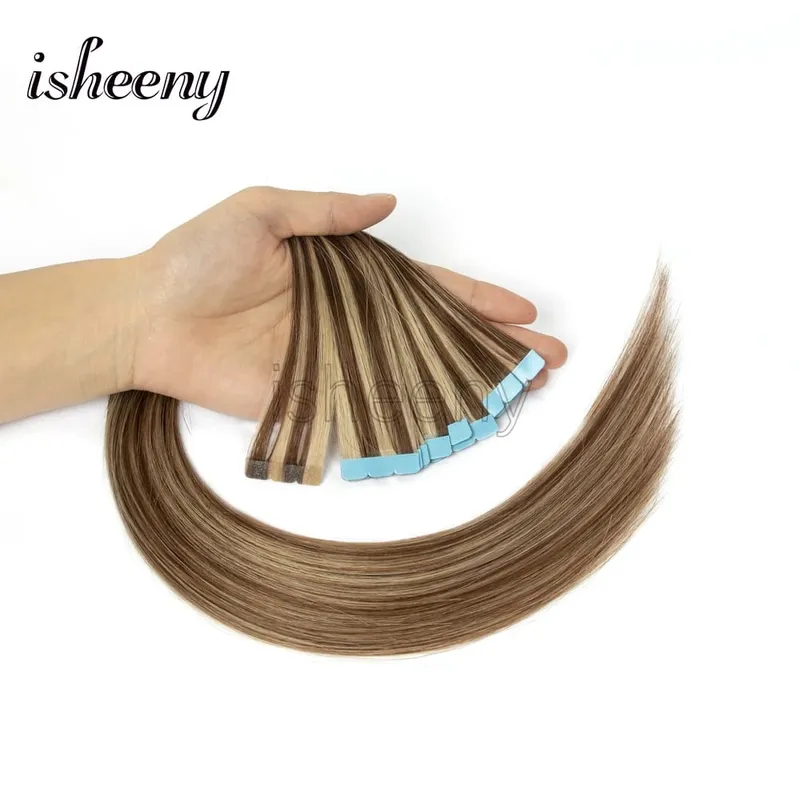 Isheeny Mini Tape In Human Hair Extensions 12"-24" Machine Remy Skin Weft Adhesive Tape Hair Natural Black Brown Blonde Tape Ons