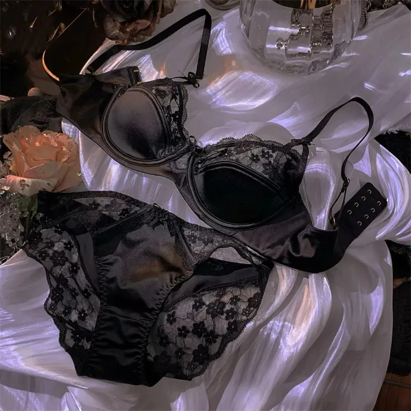 Sexy Lace Floral Bra Set Thin Section Breathable Small Breasts Gathered Collect Side Breasts Glossy Solid Color Underwear Set
