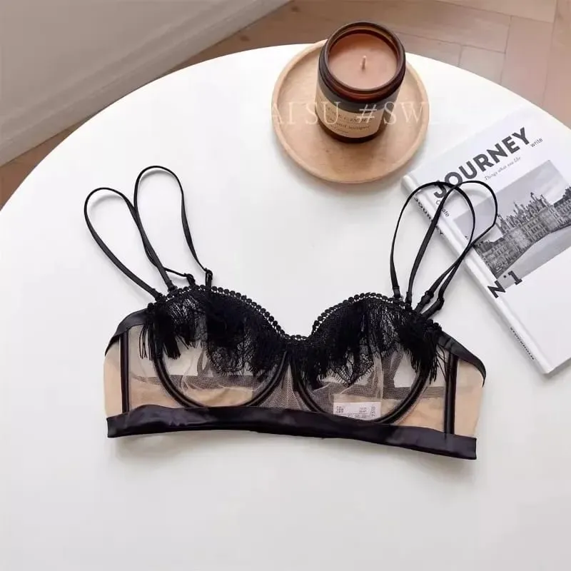 Premium Sheer Mesh Bra Set Fringed Lace Half-Cup Minimizer Ultra-Thin Luxury Lingerie Full Bust Coverage Slim Silhouette — image 5