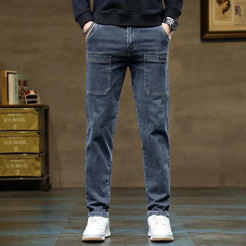 Versatile Six-Pocket Design Jeans Men's Loose Straight Leg Pants Stretchy Comfortable for Outdoor Hiking Activities All Seasons — image 1