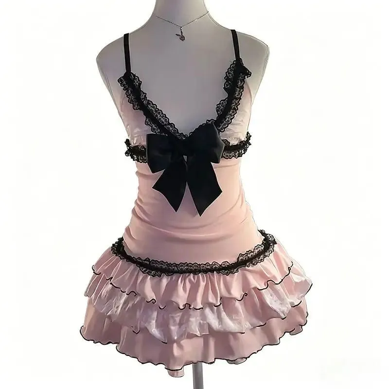 Lace Yarn Pattern Sexy Slim Pink Dress Mini Skirt Tie Rope Halter Bow Lace Decoration Sexy Slim Retro Fashion Aesthetic