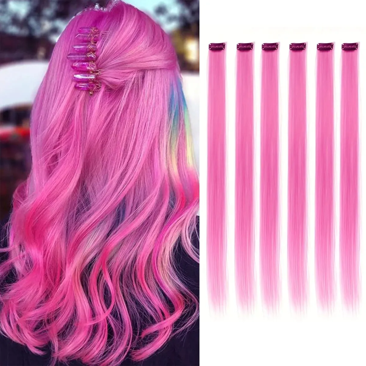 6pcs/pack Colored Party Highlights Clip in Hair Extensions 22 inches Multi-colors Straight Hair Synthetic Hairpieces
