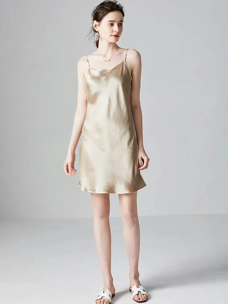 SuyaDream Woman Mini Dress 19mm 100%Real Silk Sleeveless Solid Spaghetti Strap Sleep Dresses 2025 Elegant Chic Clothes — image 3
