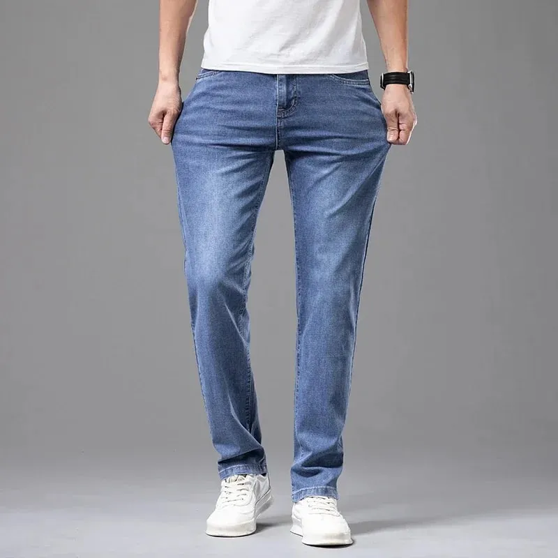 Summer Thin Men's Elastic Cotton Jeans Fashion Gray Comfortable Business Straight Casual Pants Brand Male Clothes Trousers — image 4